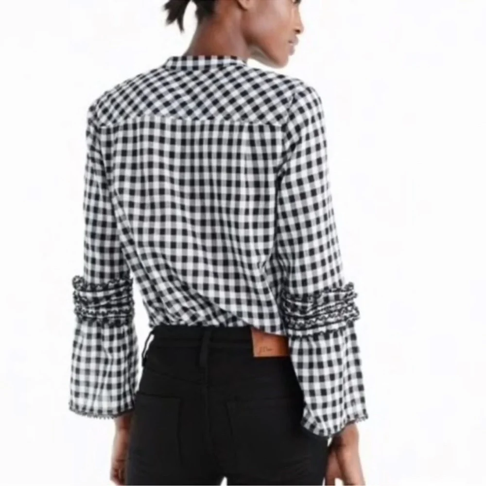 J.Crew Embroidered Black and White Bell-Sleeve Gingham Top